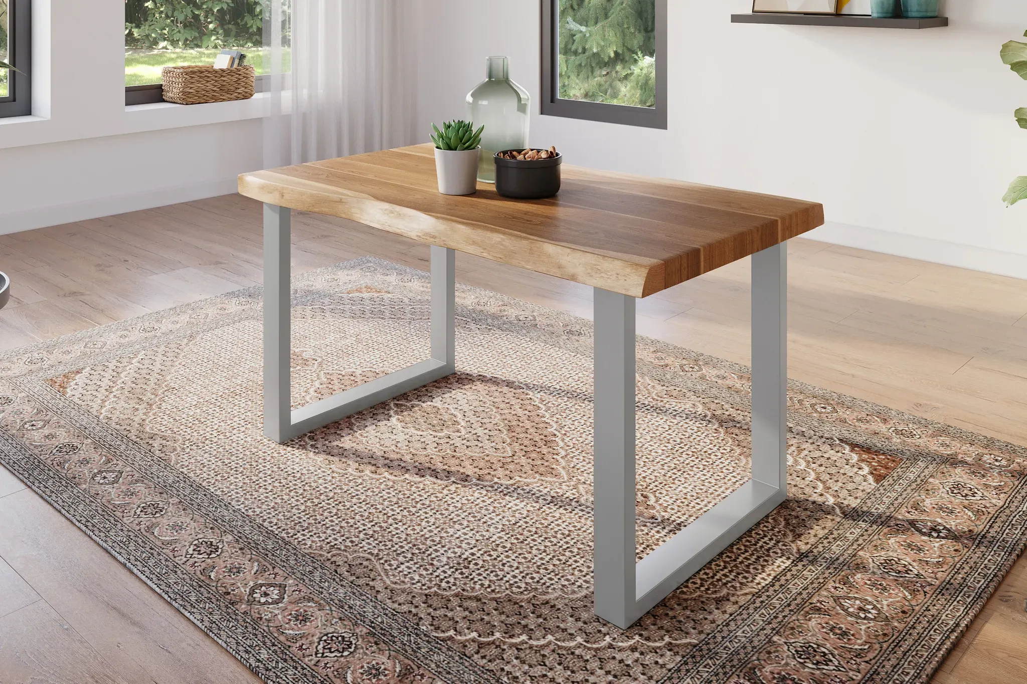 Esstisch 120 x 80 cm Akazie massiv natur Baumkantentisch U-Gestell silber ATLAS