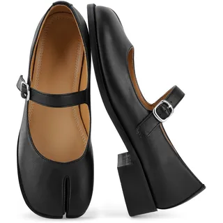 VOZTOLLS Tabi Mary Jane Damen-Schuhe, Geteilte Zehenpartie, Knöchelschnalle, Riemen, Flache Schuhe, bequem, lässig, elegant, Party, Schule, Arbeit, Kleid, Pumps, Schwarz matt, 40 EU