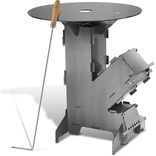 Vigevee Raketenofen ink. mit Grillplatte und Feuerhaken Campinggrill aus massivem 3 mm dickem Stahl Campingkocher für Camping, BBQ,Garten Campingofen Holzofen Outdoor