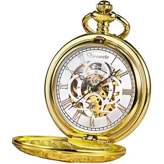 TREEWETO Unisex Taschenuhr mit Kette Analog Handaufzug Antik Graviert Römische Gold