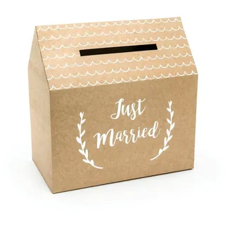 Partydeco Geschenkbox Just Married Kraftpapier 30,5 cm x 1 Stück für Hochzeit braun weiß Natur Hochzeitsdeko Kartenbox