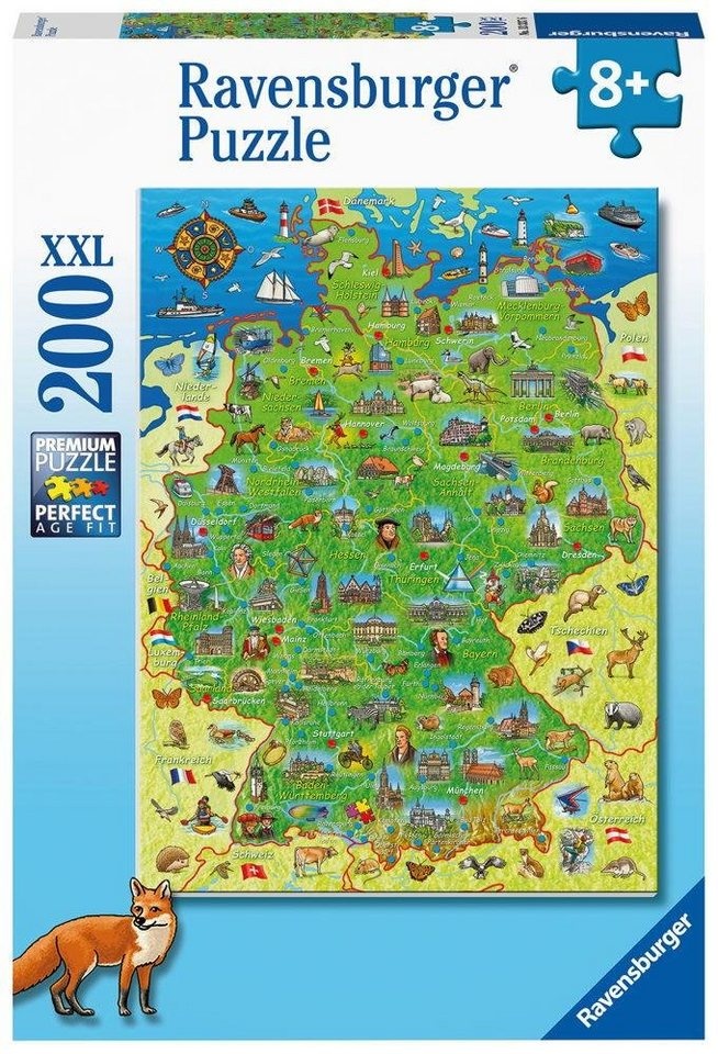 Ravensburger Puzzle 200 Teile Ravensburger Kinder Puzzle XXL Bunte Deutschlandkarte 13337, 200 Puzzleteile