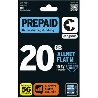 congstar Prepaid ALLNET M SIM-Karte ohne Vertrag I Allrounder Prepaid-Paket in D-Netz-Qualität I 20 GB + 10€ Startguthaben I Telefonie & SMS Flat in alle dt. Netze I EU-Roaming inkl.