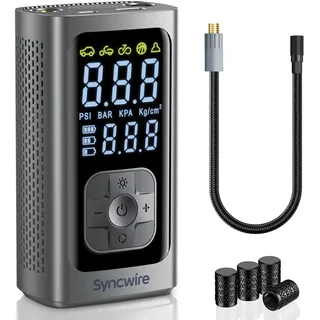 Syncwire Tragbarer Luftkompressor Mini Reifenpumpe - 10.35Bar Schnellere Elektrische Luftpumpe Autoreifenpumpe Car Inflator für Auto, Motorrad, Fahrrad & Bälle, mit Ventilkappen für Reifen, Großes LCD