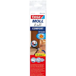 tesa tesamoll Alu COMFORT Türdichtschiene für unebene Böden - Selbstklebende Türdichtung zum Schutz vor Zugluft - mit Bürstendichtung bis 15 mm - Braun