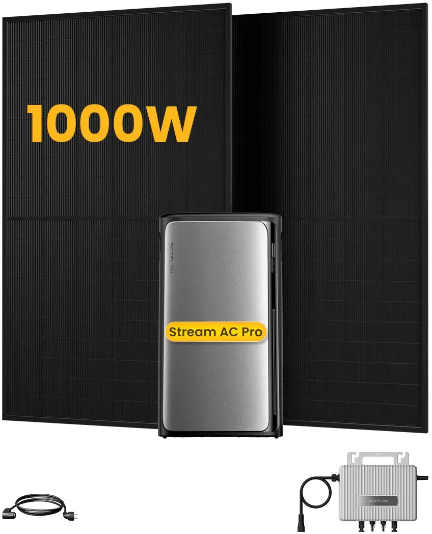 EcoFlow Balkonkraftwerk Set, 890/1000Wp Bifaziale Solarmodule, 800W Wechselrichter, Powerness - 2 x 500Wp Bifaziale Full Black(Als Solaranlage anzumelden) / mit Stream AC pro 1920Wh / Versand