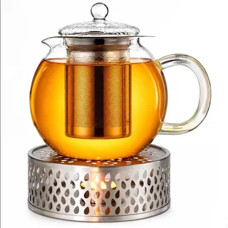 Creano Teekanne aus Glas 0,85l + ein Stövchen aus Edelstahl, 3-teilige Glasteekanne mit integriertem Edelstahl Sieb und Glasdeckel, ideal zur Zubereitung von losen Tees, tropffrei