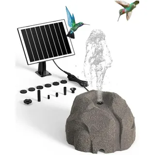 Realistische Solar Vogeltränke Solar Springbrunnen, Granit Optik Kunstharz Brunnen mit 10 Düsen, Solarbrunnen für Garten, Teich oder Vogelbad, Outdoor Solar Gartenbrunnen mit Akku Option (Set A)
