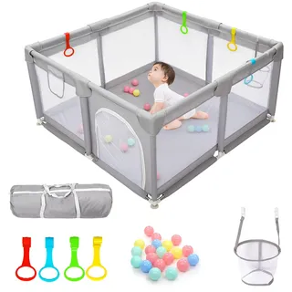 CHOLY Laufstall Baby 128x128cm, Baby Laufstall für Babys und Kleinkinder mit sichtbarem atmungsaktivem Netz Schaumstoffschutz, Extra großer Spielplatz innen und außen (Hellgrau, 128 * 128cm)