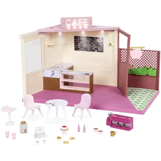 Lori Café Set Zubehör für 15 cm Puppen – Puppenhaus mit Puppenzubehör, Möbel, Theke, Essen, Kaffeemaschine, Tische, Stühle – Spielzeug für Kinder ab 3 Jahre
