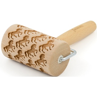 folkroll Teigroller 3D-Motiv-Teigrolle Buchenholz, Pferde braun|beige 9,5 cm