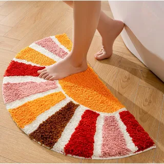 QIUKUN Boho-Badezimmerteppich, halbrund, niedlicher böhmischer Badteppich für Schlafzimmer, kleiner Teppich, Heimdekoration, rutschfest, halbrund, Duschvorleger, lustig, waschbar, für den