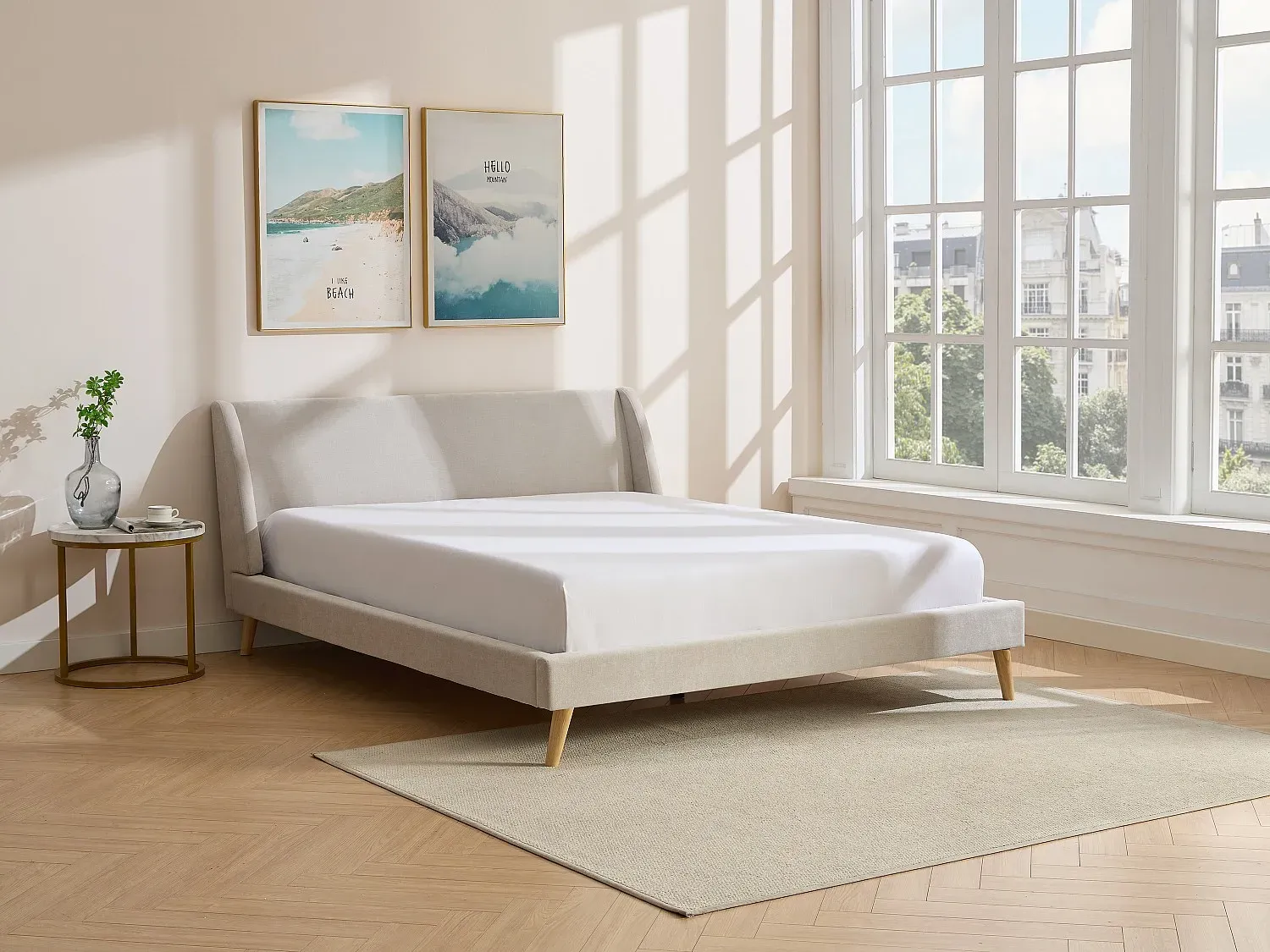 Bett - Skandinavischer Stil - 160 x 200 cm - Stoff - Beige - BENEDICTE