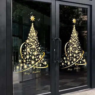 Cityhermit Weihnachtsbaum-Fensteraufkleber für Glas, statische goldene Aufkleber, DIY, Wand-/Fenster-/Türaufkleber für Schaufenster (2er-Pack)