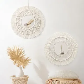 Aougo - Set mit 2 runden Makramee-Wandspiegeln mit Fransen zum Aufhängen, Spiegel, Kunstornament, Boho-Dekor für Wohnung, Zuhause, Schlafzimmer,