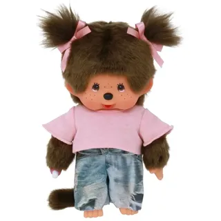 Sekiguchi 253845 - Original Monchhichi Mädchen mit Jeans und T-Shirt, ca. 20 cm großes Kuscheltier aus braunem Plüsch, Rosa
