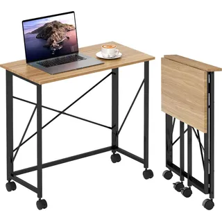 Homcom Schreibtisch Klappbar Kleiner 80 cm Klappschreibtisch mit Rollen Platzsparend Computertisch für Home Office, Eiche