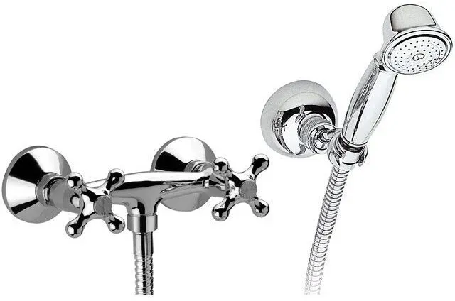 DANIEL Retro Zweigriff (Kreuzgriff) Brausebatterie mit Handbrause und Brauseschlauch, chrom