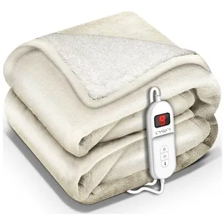 sinnlein Heizdecke Mit Abschaltautomatik 200x180cm Beige Elektrische Wärmedecke Mit 9 Temperaturstufen Kuscheldecke Waschbar Bett, Sofa Decke Elektrisch Mit Timer Digitalanzeige - Sinnlein