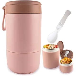 Kikuo Müslibecher to go, 700ml Joghurtbecher auslaufsicher, Müsli to go Becher aus Edelstahl mit Faltbarer Löffel, Für Joghurt, Müsli, Congee servieren, Reinigung der Spülmaschine (Rosa)