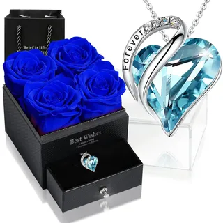 Ewige Rose Box mit Herz Halskette, Upgrade Geschenke für Frauen mit 4 Konservierte Ewige Echte Rosen & Herz Halskette aus 925 Sterlingsilber Schmuck Rosenbox für Geburtstag Valentinstag (Blau Rose)