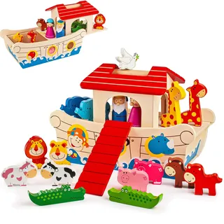alles-meine.de GmbH 19 TLG. Set - Spielwelt - Motivwahl - Arche Noah - Schiff + Tiere - 28 cm - bespielbar/Holzfiguren - Spielzeug Set Welt - Holztiere - Spielset - Spielewelt ..