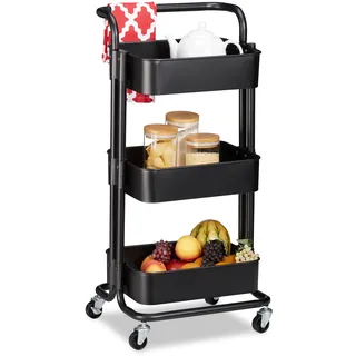 Relaxdays Rollwagen, 3 Etagen, 2 Bremsen, Allzweckwagen Küche, Bad, Büro, Rollregal Metall, HBT 84 x 42 x 37 cm, schwarz