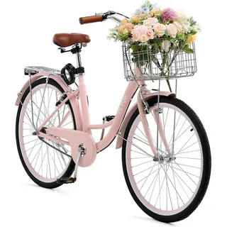 Vevor Cruiser Fahrrad (Reifendurchmesser 660,4 mm) Beach Fahrrad mit großem Korb & Gepäckträger, Cruiser-Fahrrad mit verstellbarem Sitz, für Radfahren & Trainieren & Einkaufen Rosa