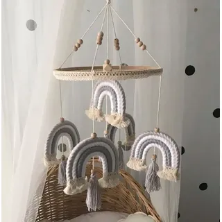 Baby Fancyroom Hängedekoration Makramee Babymobile Mobile Baby Windspiel Regenbogen Handmade (Rassel Spielzeug, Für Mädchen oder Junge), mit liebevollen Details grau