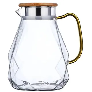 HEMOTON 2. 2L Glaskanne mit Holz Deckel Borosilikatglas Krug Eistee Kanne Glas Saftkrug Glaskrug Wasserkrug Teekanne Kühlschrank Getränke Tee Karaffe für Cocktail Kaffee Milch Wein Wasser