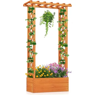 COSTWAY Hochbeet mit Rankgitter & hängendem Dach, Pflanzkasten mit Rankhilfe, Blumenkasten für Kletterpflanzen & hängende Körbe, für Garten Hof Terrasse, Pflanzgefäß aus Holz, Orange, 66x32x152cm