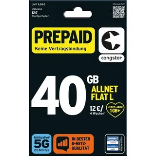 congstar Prepaid Allnet L: 40 statt 30 GB Datenvolumen & Flatrate für Telefonie und SMS, 5G-Speed, EU-Roaming