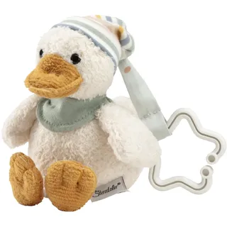 Spielzeuganhänger Ente Edda Lou mit Beanie Mütze, Kuscheltier mit Aufhängung Stern für einfache Anbringung am Kinderwagen, Babyschale oder Laufgitter