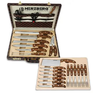 Herzberg, HGK25LB, Set von 25 Messern und Besteck mit Tragetasche, durchgehende Klingen, Griffe aus massivem Nussbaum, Luxuskoffer, ergonomisch, elegant