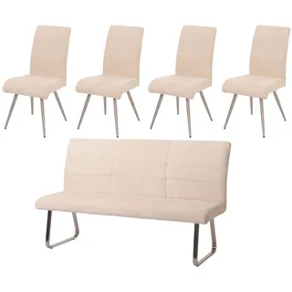 Mendler Esszimmer-Set HWC-G55, 4er-Set Stuhl + Sitzbank 180cm, Edelstahl gebürstet Stoff/Textil Chenille ~ creme