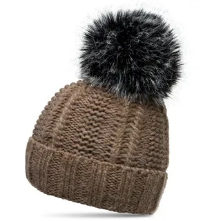 Caspar Bommelmütze MU162 Damen gefütterte Mütze Strickmütze mit XL Kunstfell Bommel braun