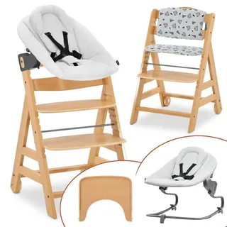 Hauck Alpha Move Natur 5-tlg. Newbornset Light Grey - Hochstuhl + Neugeborenenaufsatz & Wippe + Essbrett + Sitzkissen Nordic Grey