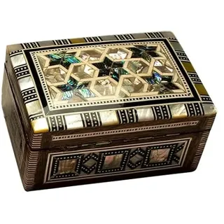 Discoveries Egyptian Imports Schmuckschatulle aus Holz mit Intarsien "Perlmutt", einzigartiger Geschenkbehälter, arabeske Muster, mit Samt gefüttert, hergestellt in Ägypten