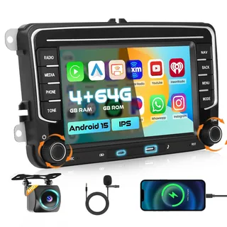 Hikity 4+64GB Android 15 Autoradio für VW Golf 5 6 Passat Polo Tiguan Touran Caddy Skoda, Bildschrim 7" Auto Radio mit Wireless CarPlay Android Auto Bluetooth Mirror Link Navi GPS EQ DSP WiFi FM