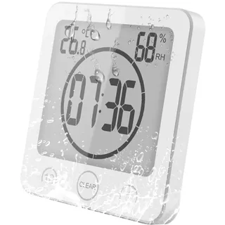 VORRINC Badezimmer Uhr, Badezimmeruhr mit saugnapf, Bad Uhr Badezimmeruhr Wasserdicht Berührungssteuerung °C / °F Luftfeuchtigkeit Temperatur LCD Display, Countdown Timer, 3 Montagemethoden (Weiß)