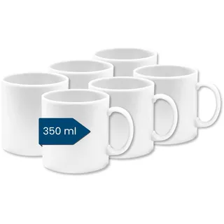 Kaffeebecher Kunststoff (6er Tassen Set, Groß, Weiß, 350ml) - Becher aus Plastik mit Henkel für Camping - Trinkbecher Kinder und Senioren (Mehrweg - BPA frei - Spülmaschinenfest - Für Mikrowelle)
