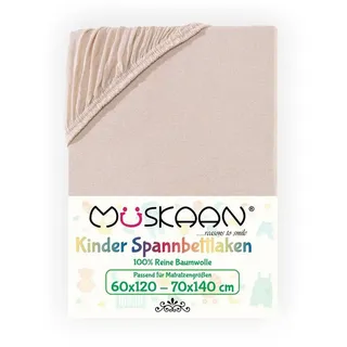 Müskaan Spannbettlaken Kinder Spannbetttuch 60x120 - 70x140 cm Bettlaken Tuch 100% Baumwolle, Jersey, Gummizug: Rundumgummizug, Matratzen Bezug bis 12cm Matratzenhöhe beige