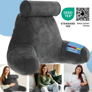 eloneo Rückenkissen mit Armlehnen & Nackenrolle für Bett Sofa waschbarer abnehmbarer Bezug 1 St Kissen