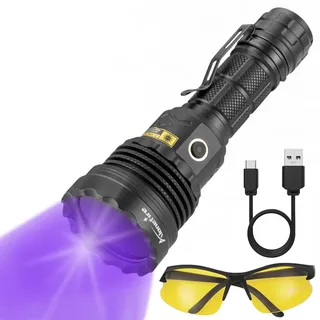 Alonefire SV52 25W 365nm UV Taschenlampe USB Aufladbar Schwarzlicht Haustierurin Detektor Geld-Detektor für UV Harz, Angeln, Skorpion, Bernstein, Mineralien mit UV Schutzbrille, Batterie Enthalten