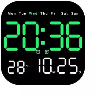 CARMOTTER Wanduhr, digitale Wanduhr mit Fernbedienung, große Ziffern, LED-Wanduhr, Uhrzeit, Temperatur, Datum, Wanduhr, verstellbarer Dimmer, Wecker (grün)