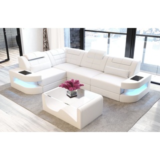 Sofa Dreams Ecksofa Leder Sofa Ledercouch Como L Form Ledersofa, Couch, mit LED, wahlweise mit Bettfunktion als Schlafsofa, Designersofa weiß