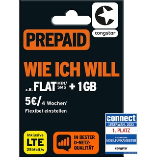 congstar Prepaid wie ich Will SIM-Karte ohne Vertrag I Prepaid-Guthaben Wunschmix in D-Netz-Qualität I frei wählen 1-15 GB & 9 Ct. pro Min/SMS – Flat I alle 4 Wochen neu Mixen I 10 EUR Startguthaben