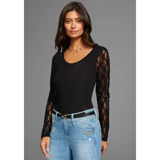 Langarmbody LAURA SCOTT, Damen, Gr. 34, N-Gr, schwarz, Jersey, Spitze, Obermaterial: 95% Viskose, 5% Elasthan. Spitze: 95% Polyester, 5% Elasthan, unifarben, geblümt, feminin, sehr figurbetont, Rundhals, Langarm abgesteppte Kante, Bodies, mit edlen Spitzenärmeln