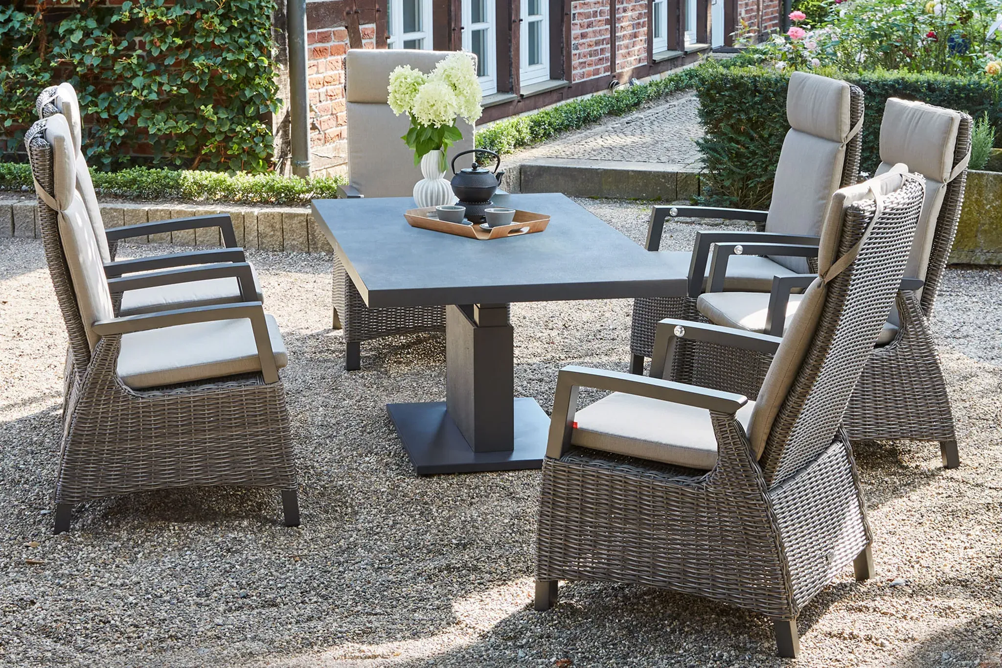 SIENA GARDEN Corido/Bellani Grau Gartenlounge, charcoal/anthrazit/grau, Alu/Gardino®-Geflecht, Lifttisch 160x90 cm, 6 Dining Move Sessel