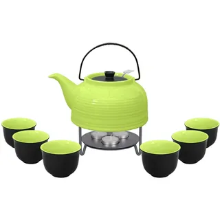 tea4chill Teeservice „Nelly“. Moderne Teekanne 1,5 Liter in grün-schwarz aus hitzebeständiger Keramik mit Edelstahlfilter, 6 Teecups 120ml in grün-schwarz und Metall-Stövchen.